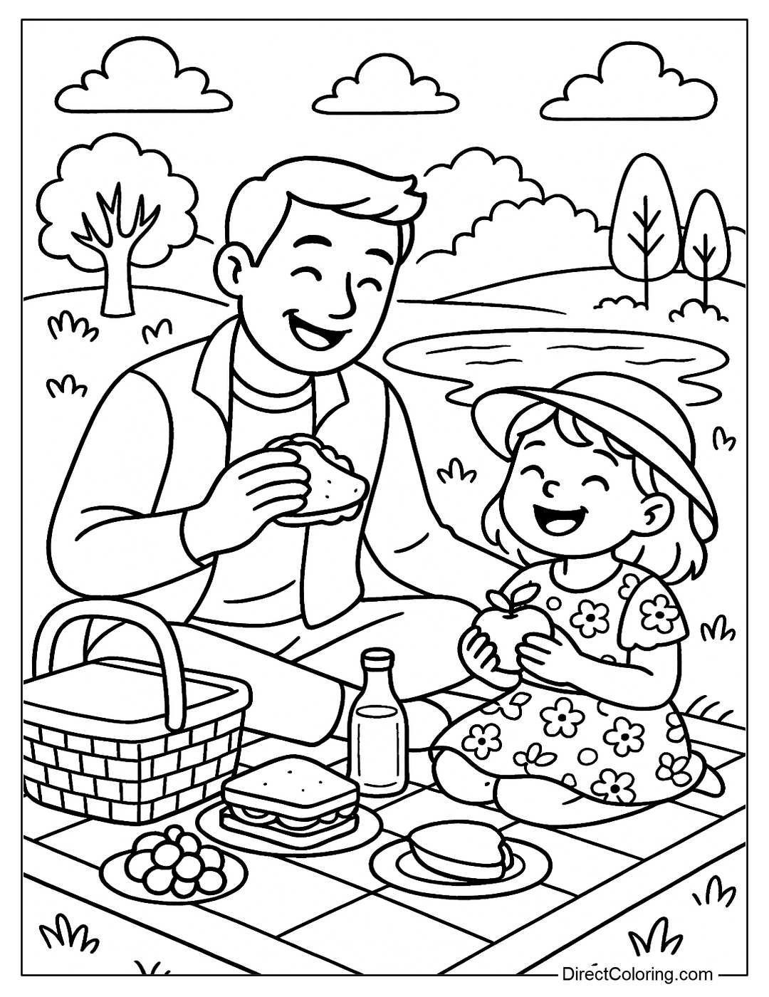 A coloring page of a father and son having lunch on a picnic mat with a basket and food